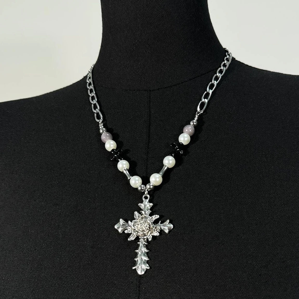 Accessories Vintage Cross Pearl Accent Choker Necklace