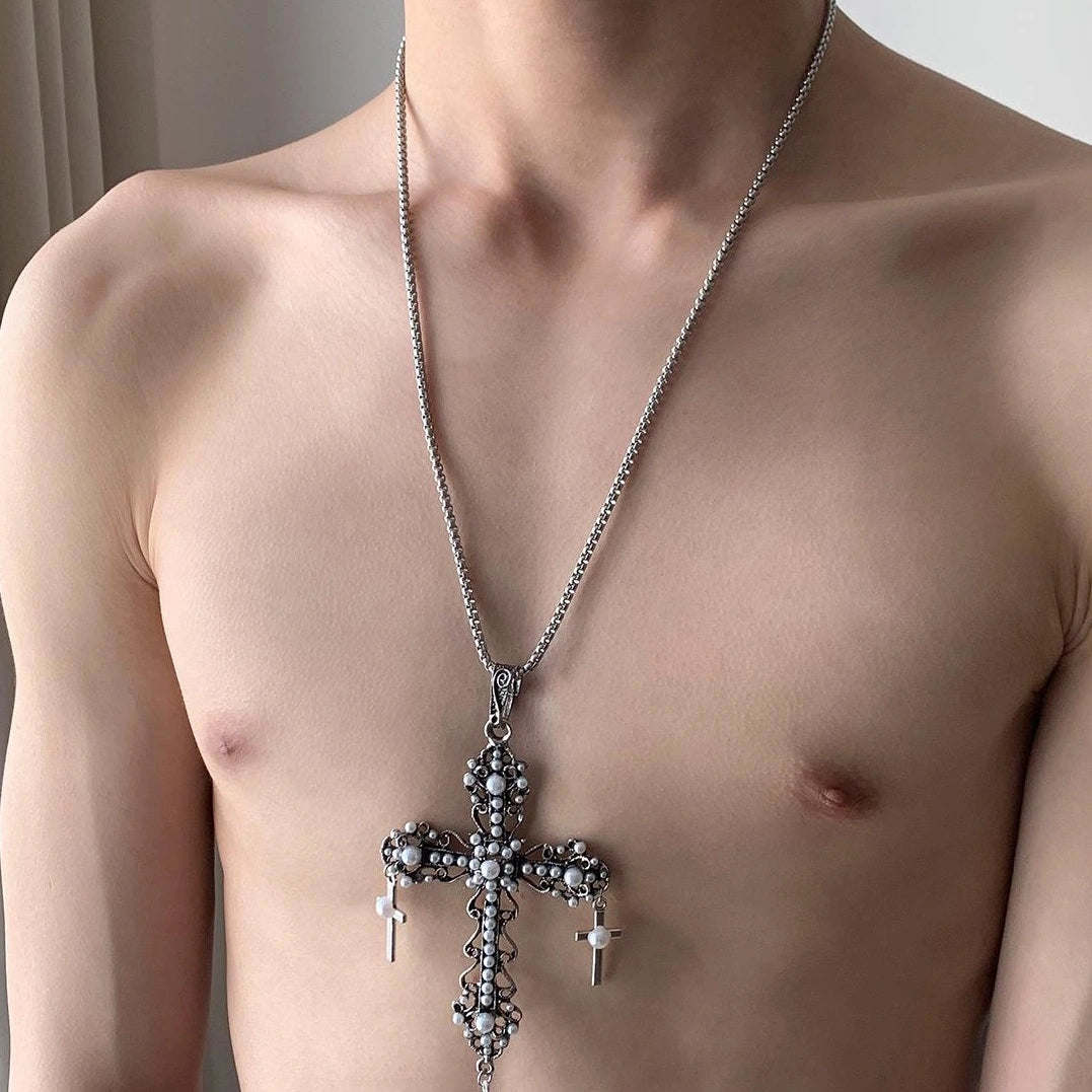 Accessories Vintage Cross Pearl Necklace For Men