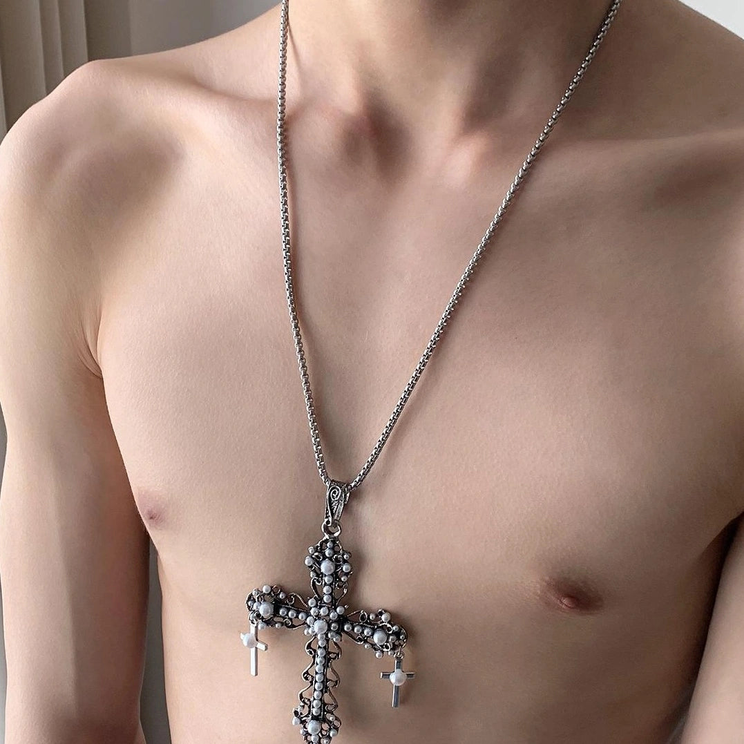 Accessories Vintage Cross Pearl Necklace For Men