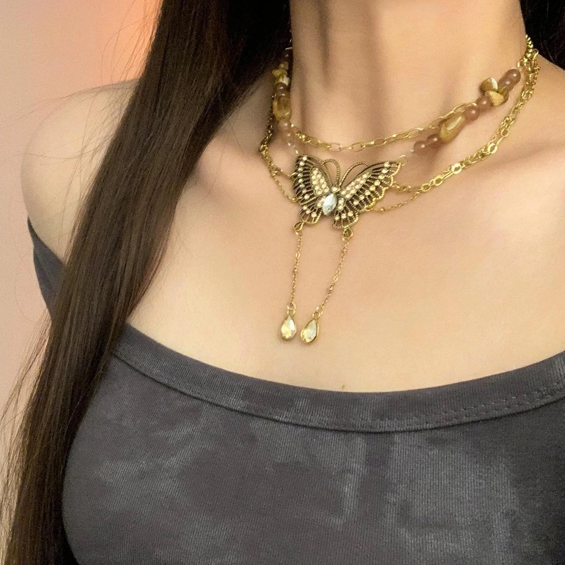 Accessories Vintage Golden Butterfly Tassel Necklace