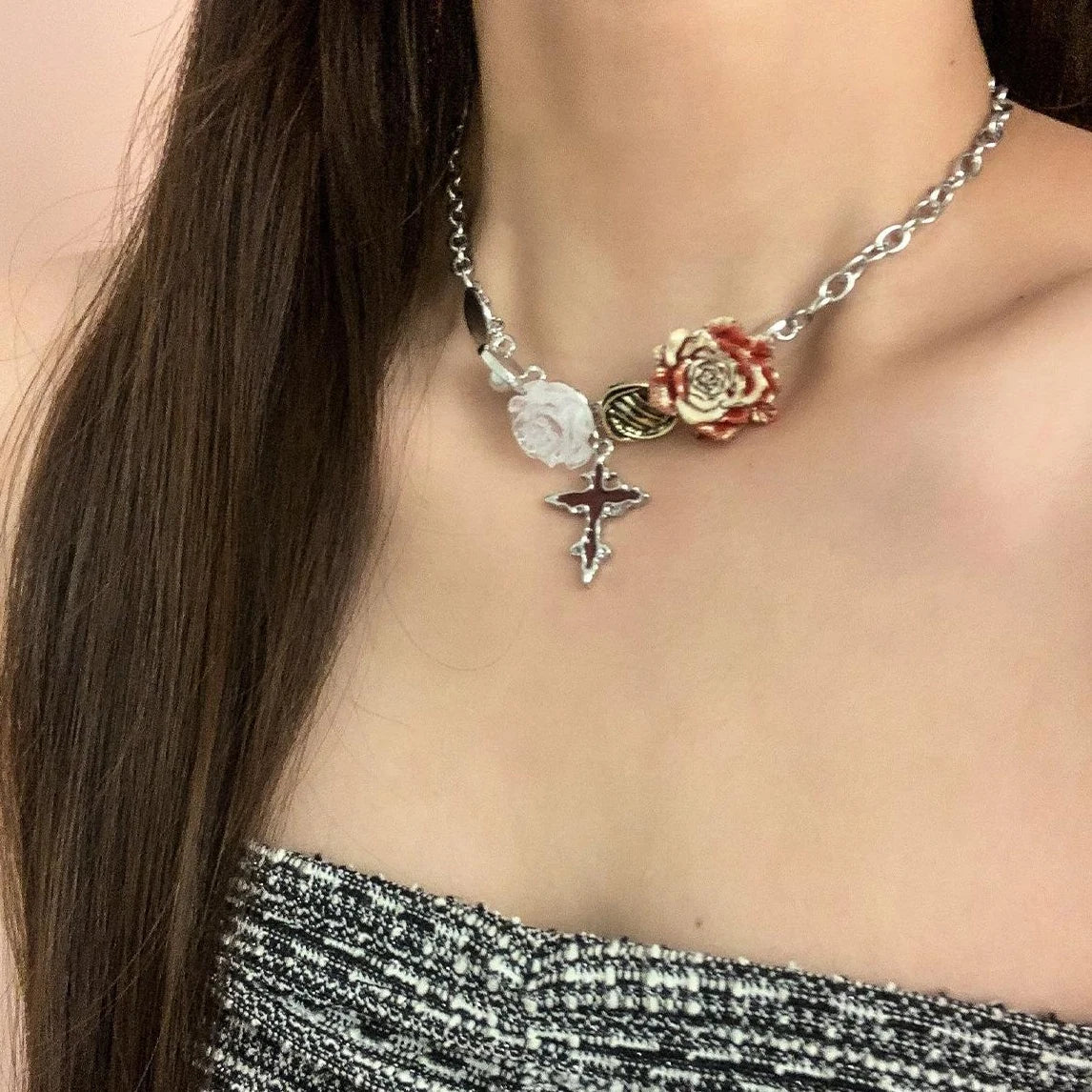 Accessories Vintage Gothic Rose Cross Choker Necklace