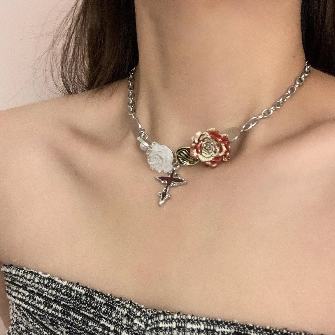 Accessories Vintage Gothic Rose Cross Choker Necklace