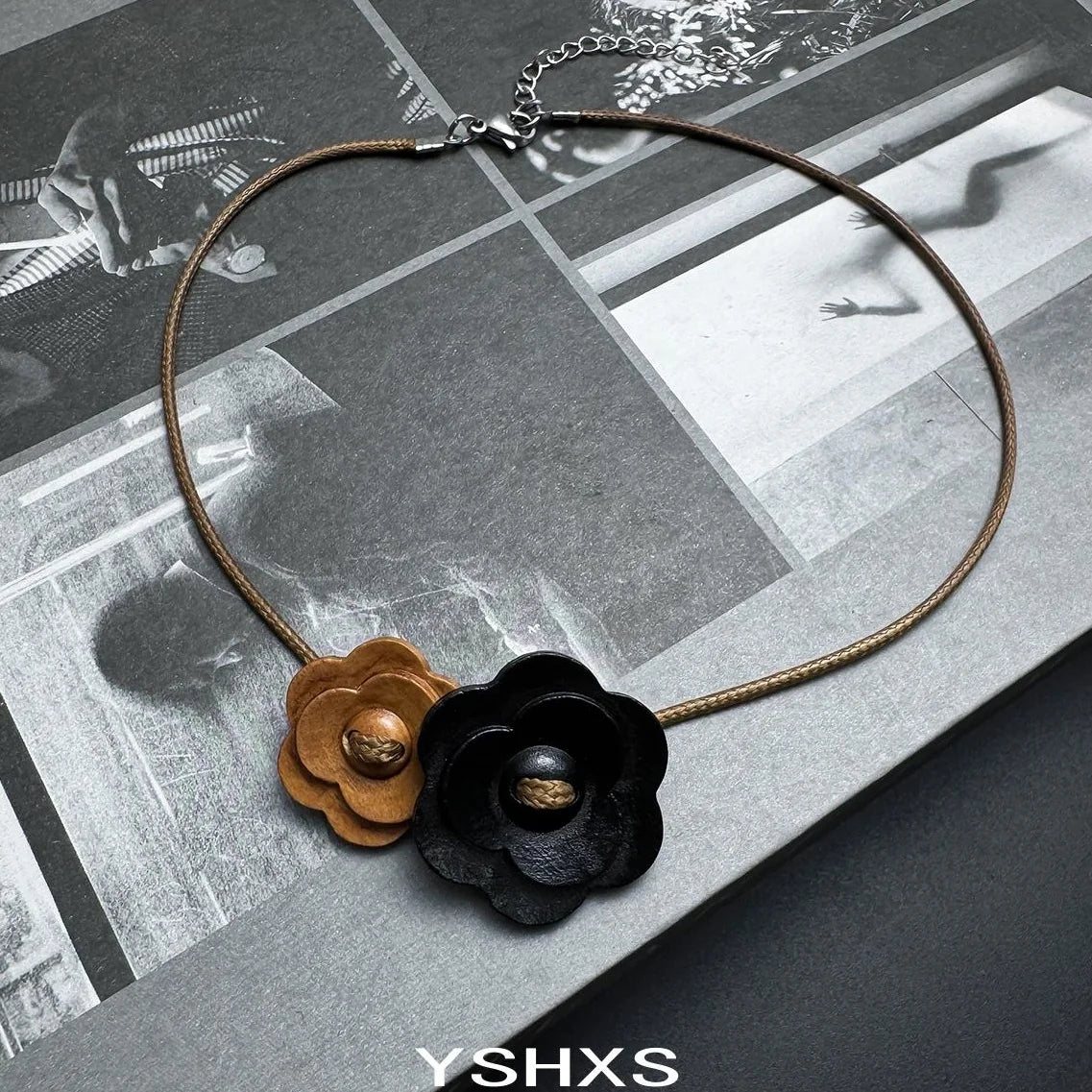 Accessories Wooden Flower Choker With Leather Lace Necklace