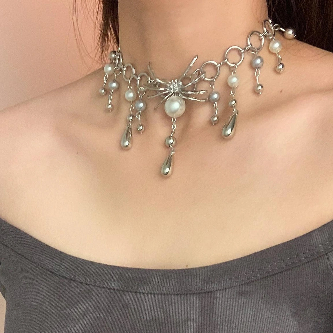 Accessories Y2k Pearl Drip Spider Choker Necklace