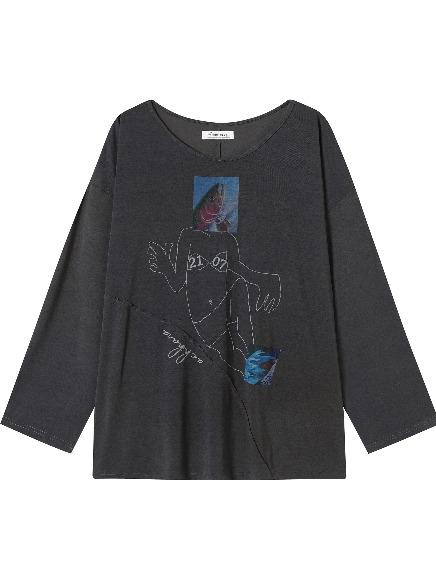 Fish Asymmetric Collar Loose Long-Sleeved T-Shirt