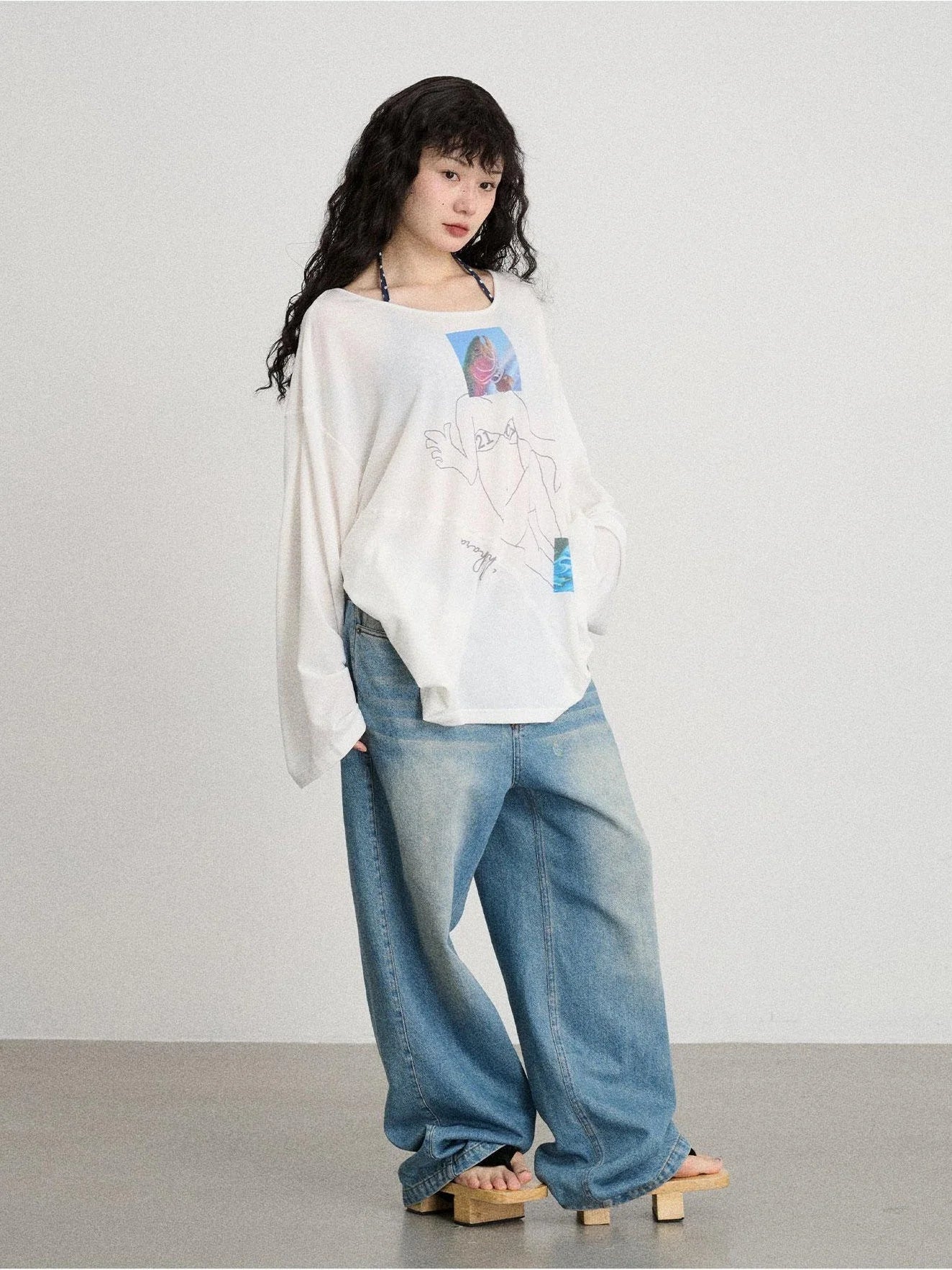 Fish Asymmetric Collar Loose Long-Sleeved T-Shirt