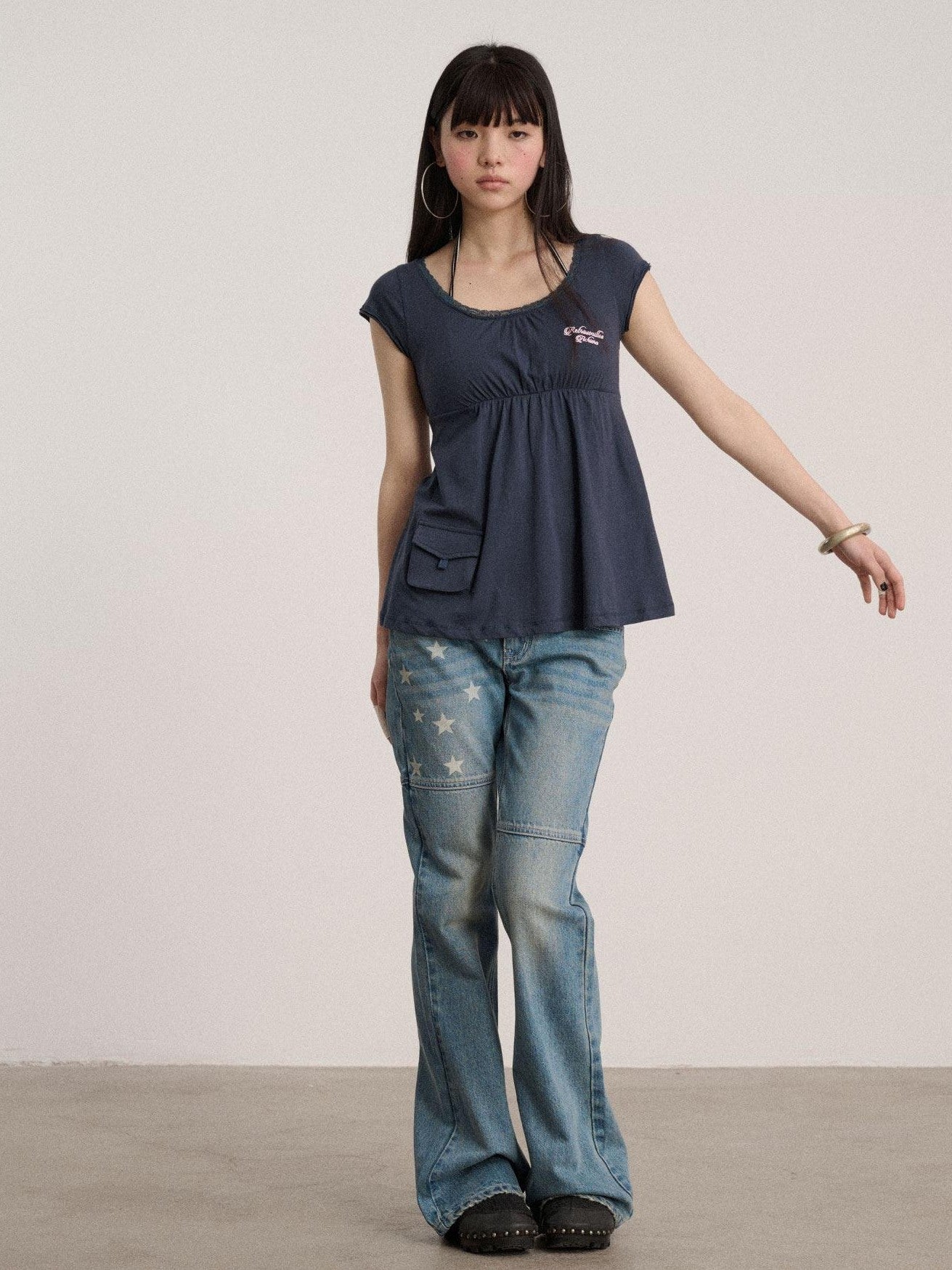 Achihara 100% Cotton Crew Neck Straight Fit Commuter Women Navy Short Sleeve T-Shirts