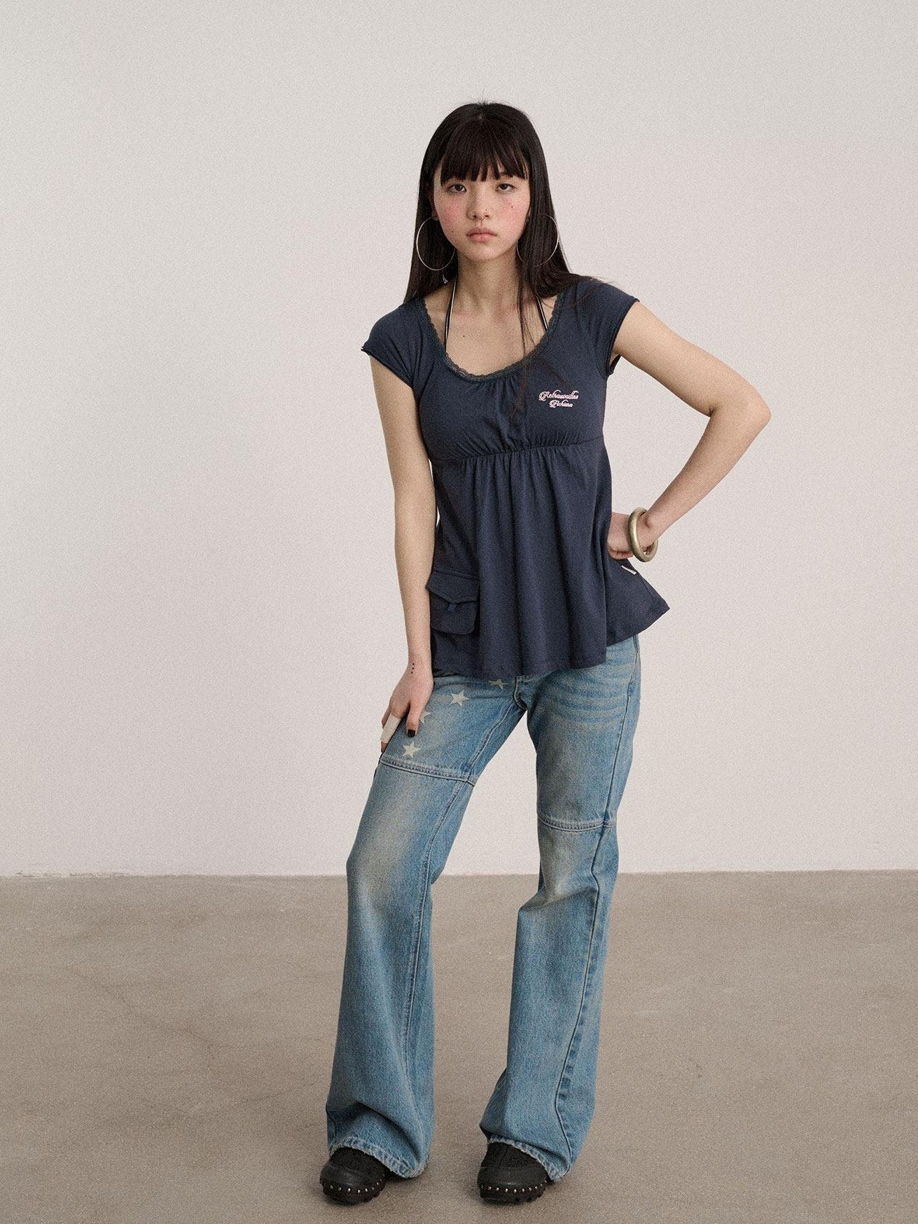Achihara 100% Cotton Crew Neck Straight Fit Commuter Women Navy Short Sleeve T-Shirts