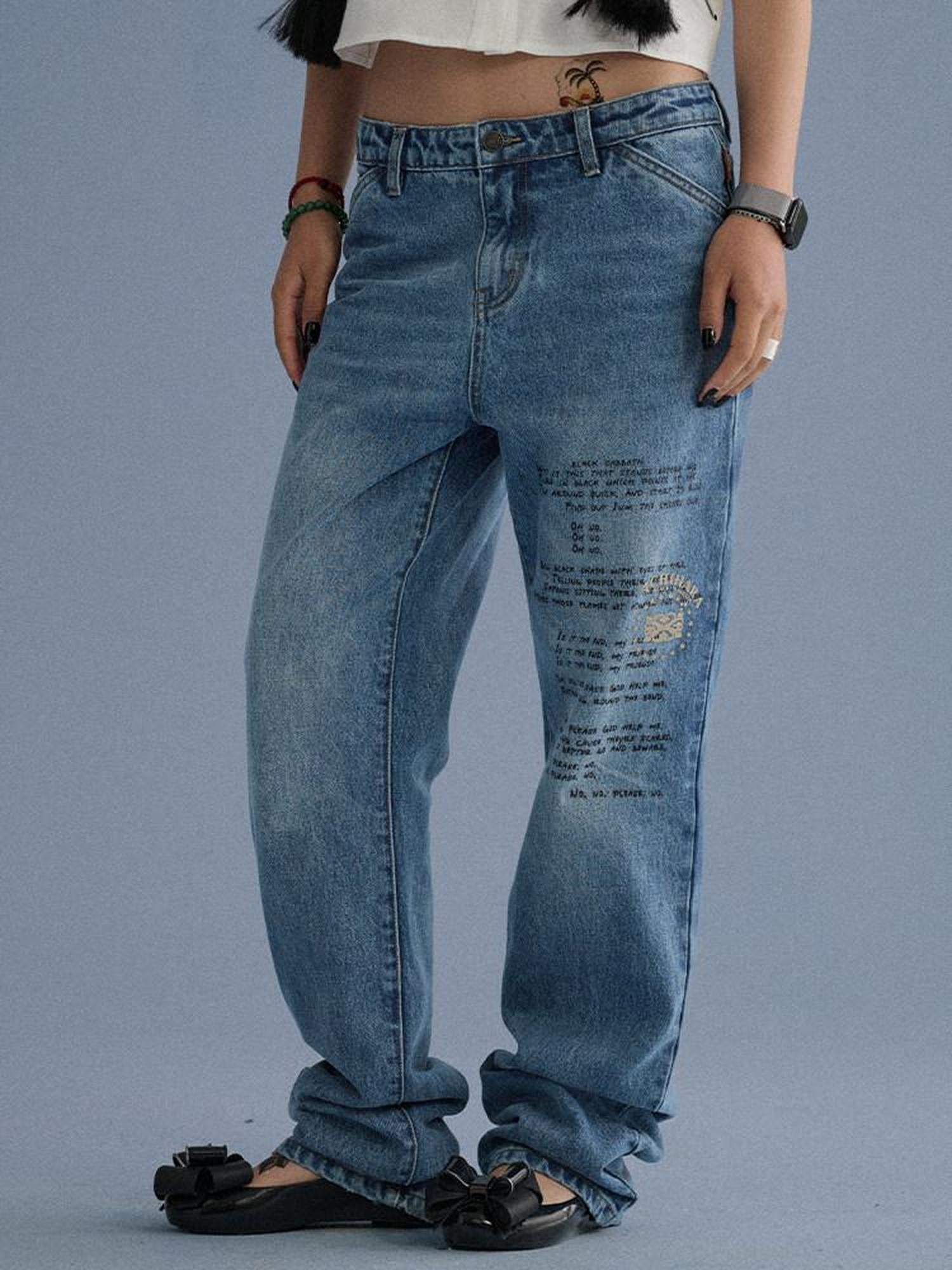 Achihara 100% Cotton Microstretch Tapered Natural Waist Printed Blue Girls Straight Jeans