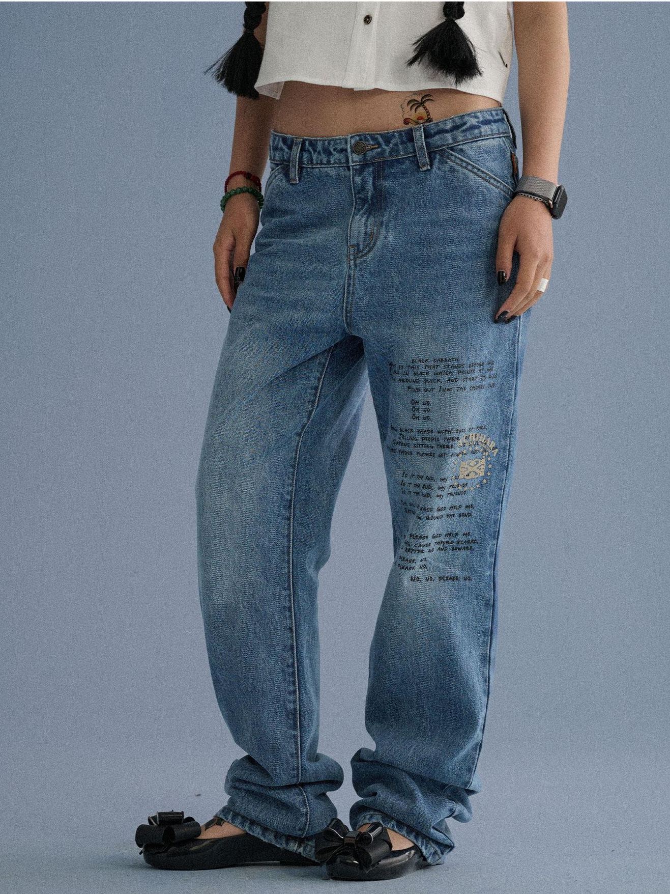 Achihara 100% Cotton Microstretch Tapered Natural Waist Printed Blue Girls Straight Jeans