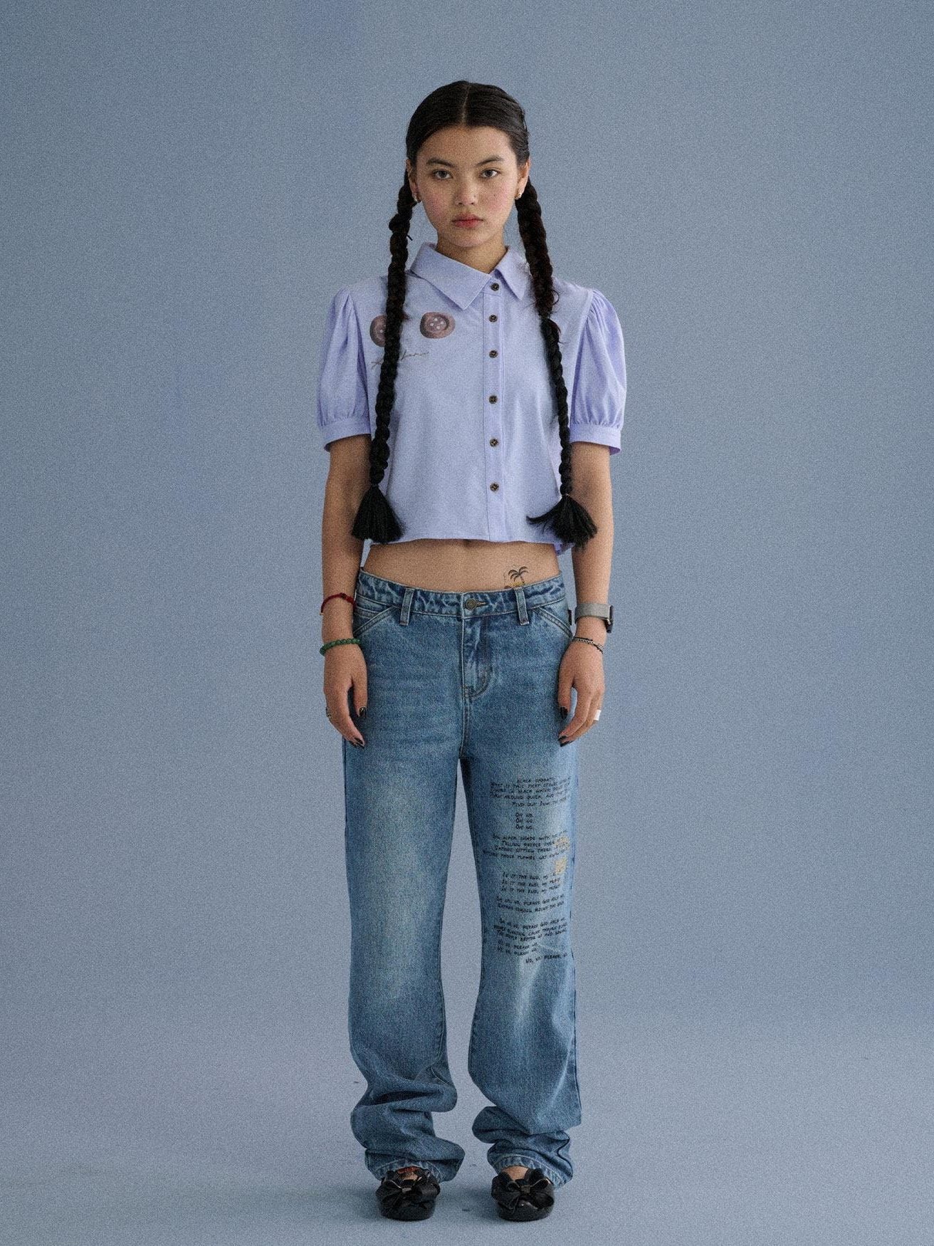 Achihara 100% Cotton Microstretch Tapered Natural Waist Printed Blue Girls Straight Jeans