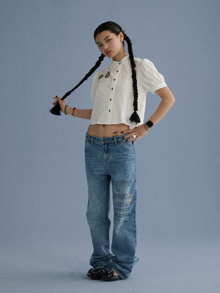 Achihara 100% Cotton Microstretch Tapered Natural Waist Printed Blue Girls Straight Jeans-4