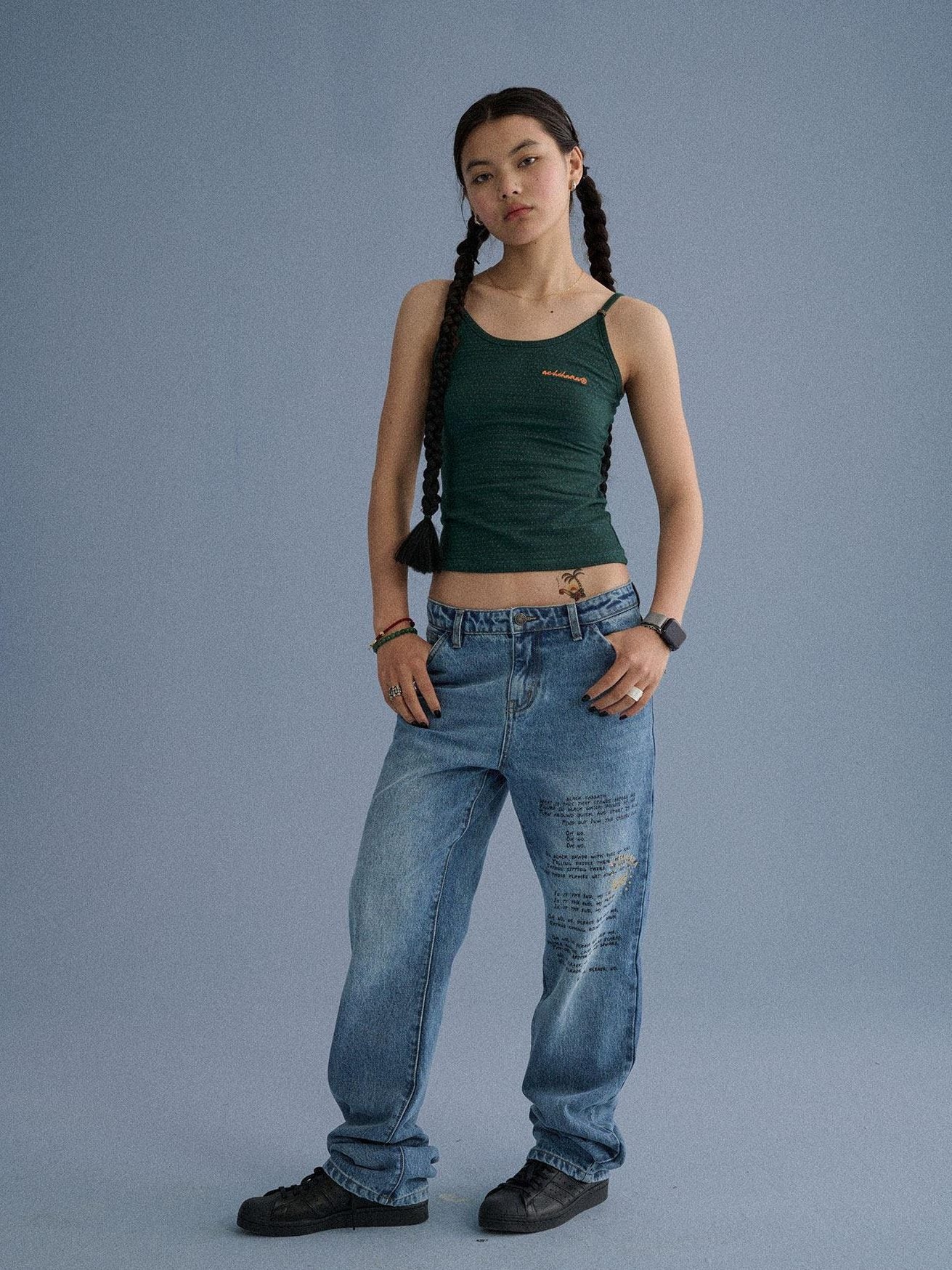 Achihara 100% Cotton Microstretch Tapered Natural Waist Printed Blue Girls Straight Jeans