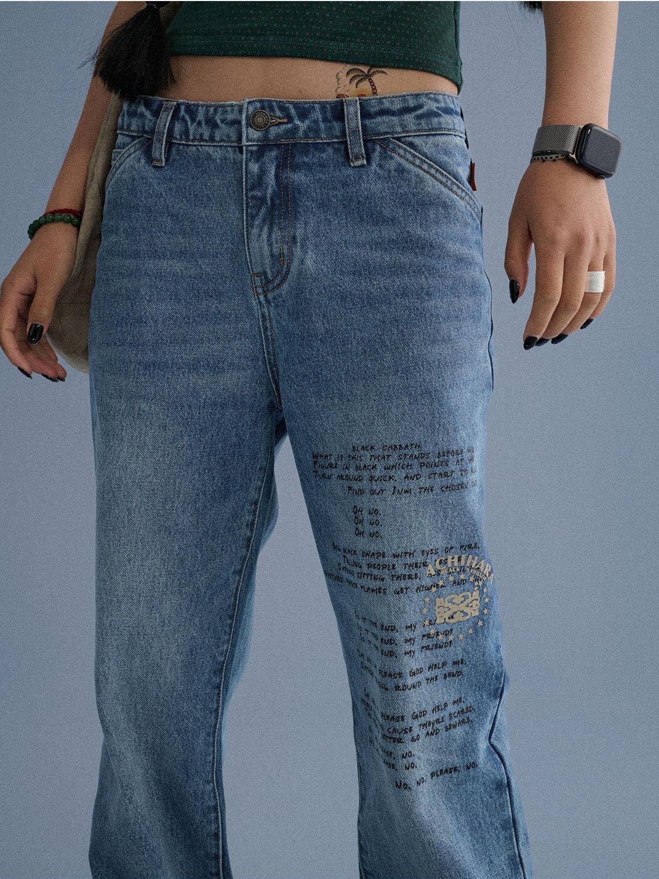 Achihara 100% Cotton Microstretch Tapered Natural Waist Printed Blue Girls Straight Jeans