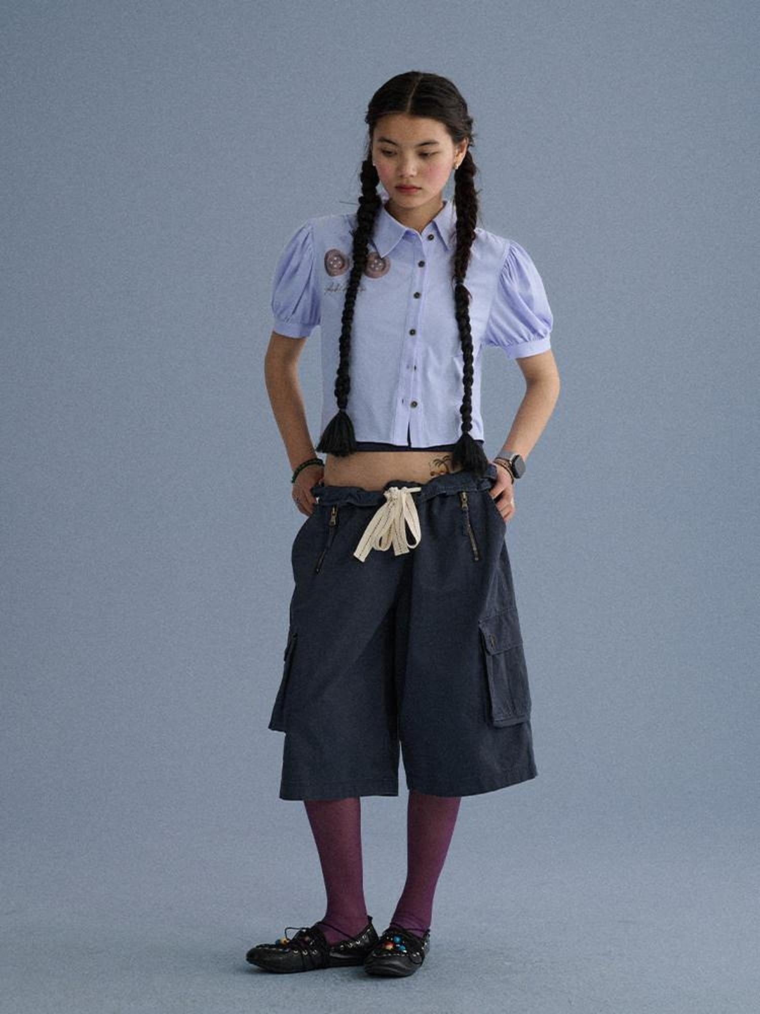 Achihara 100 Percent Cotton Pocket Commuter Natural Waist Girls Navy Grey Wide-Leg Pants