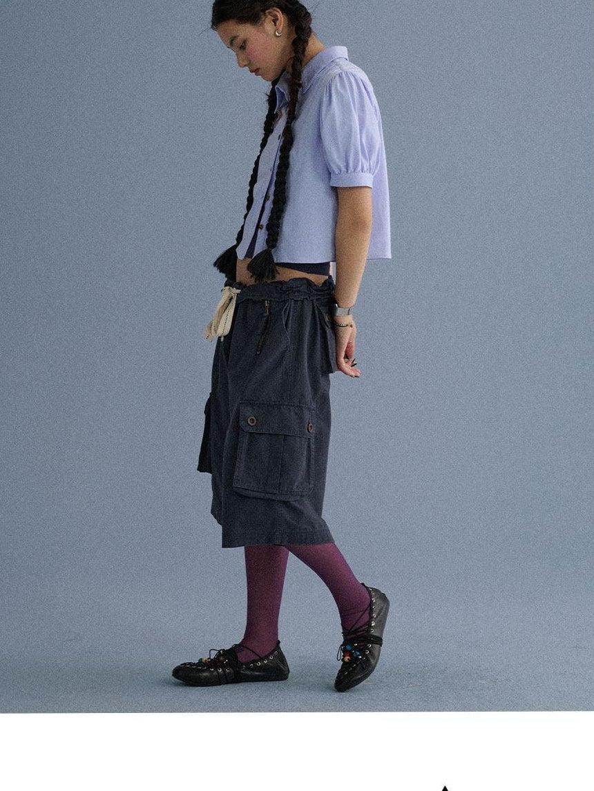 Achihara 100 Percent Cotton Pocket Commuter Natural Waist Girls Navy Grey Wide-Leg Pants