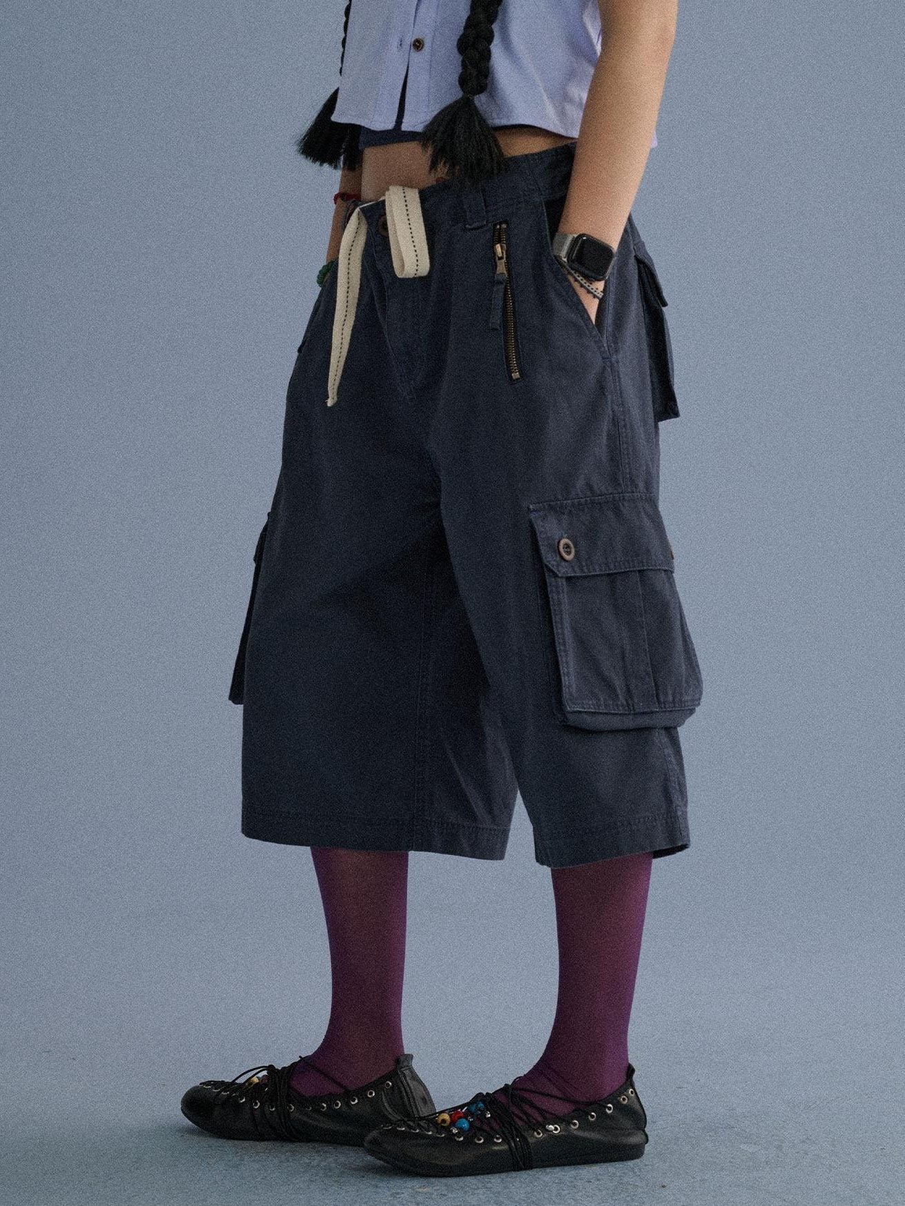 Achihara 100 Percent Cotton Pocket Commuter Natural Waist Girls Navy Grey Wide-Leg Pants