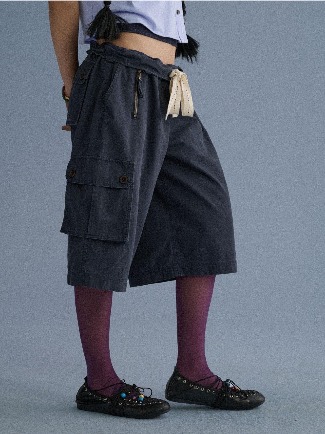 Achihara 100 Percent Cotton Pocket Commuter Natural Waist Girls Navy Grey Wide-Leg Pants