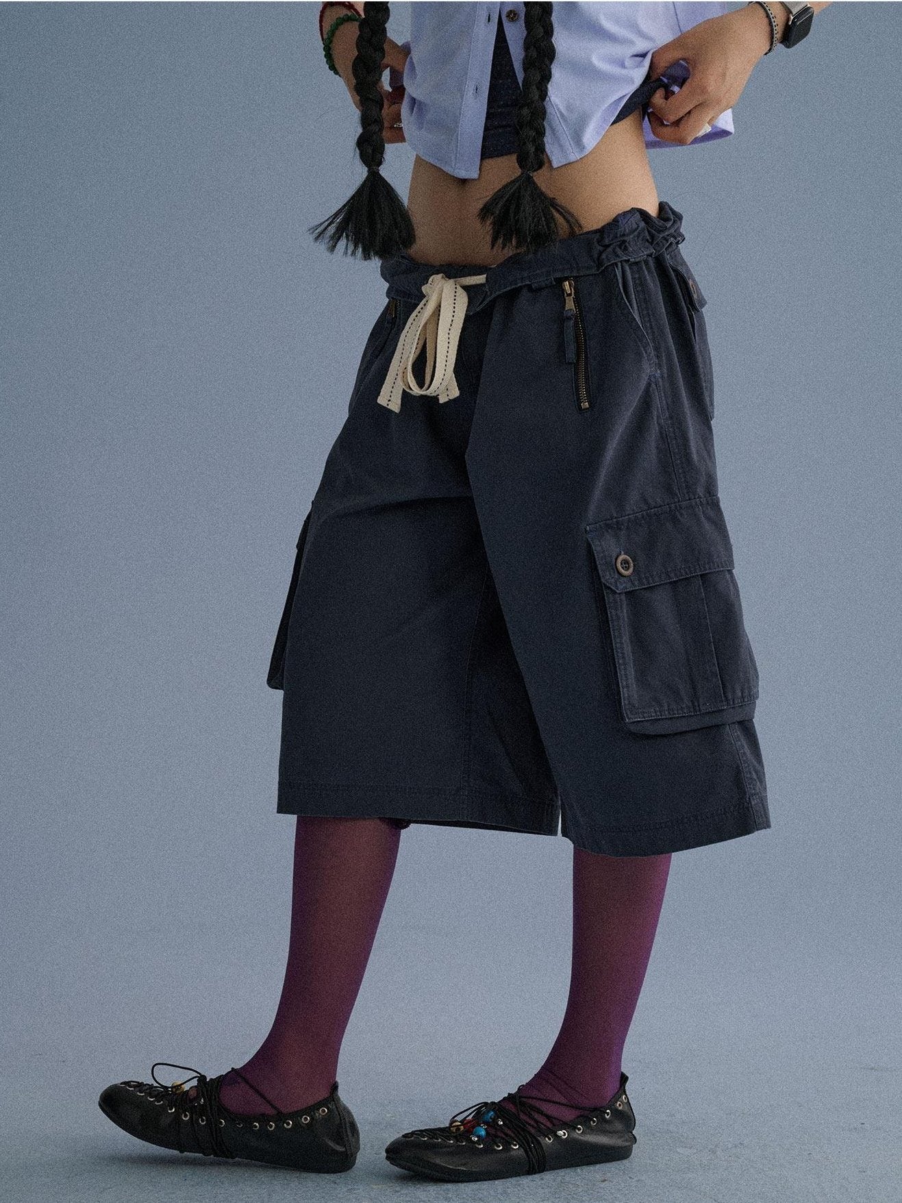 Achihara 100 Percent Cotton Pocket Commuter Natural Waist Girls Navy Grey Wide-Leg Pants