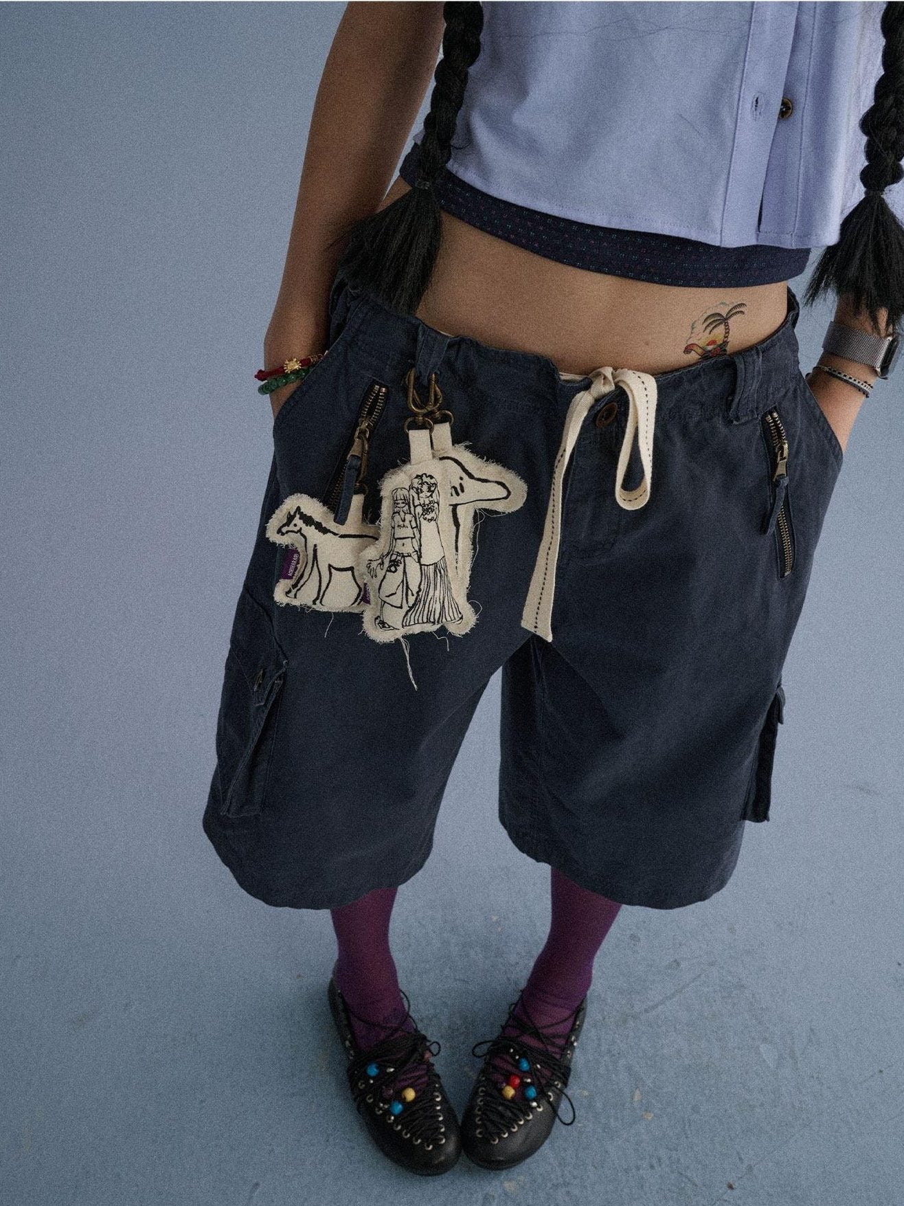 Achihara 100 Percent Cotton Pocket Commuter Natural Waist Girls Navy Grey Wide-Leg Pants