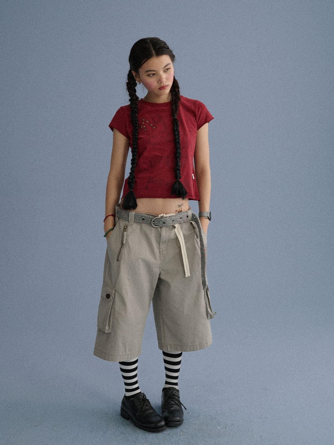 Achihara 100 Percent Cotton Pocket Commuter Natural Waist Girls Navy Grey Wide-Leg Pants