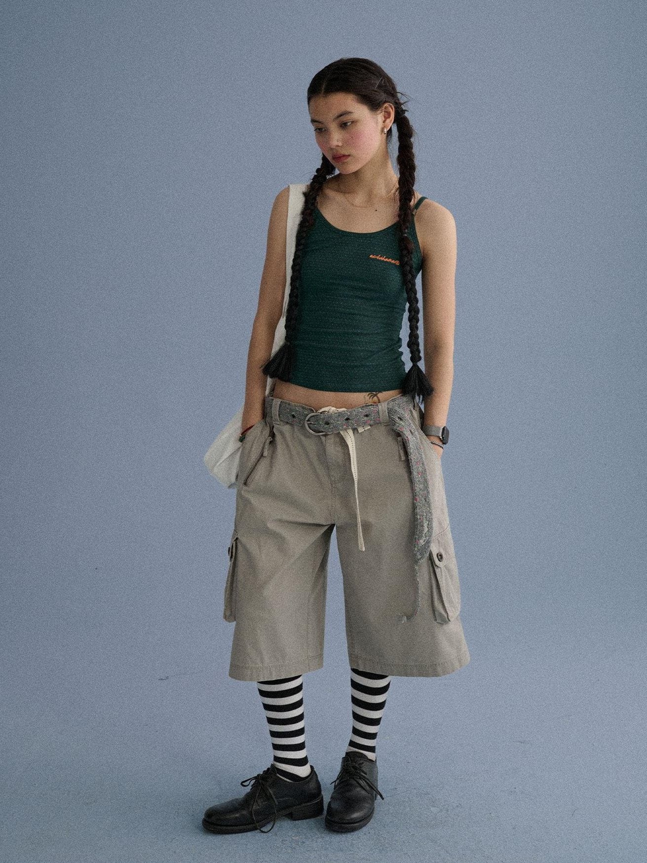 Achihara 100 Percent Cotton Pocket Commuter Natural Waist Girls Navy Grey Wide-Leg Pants