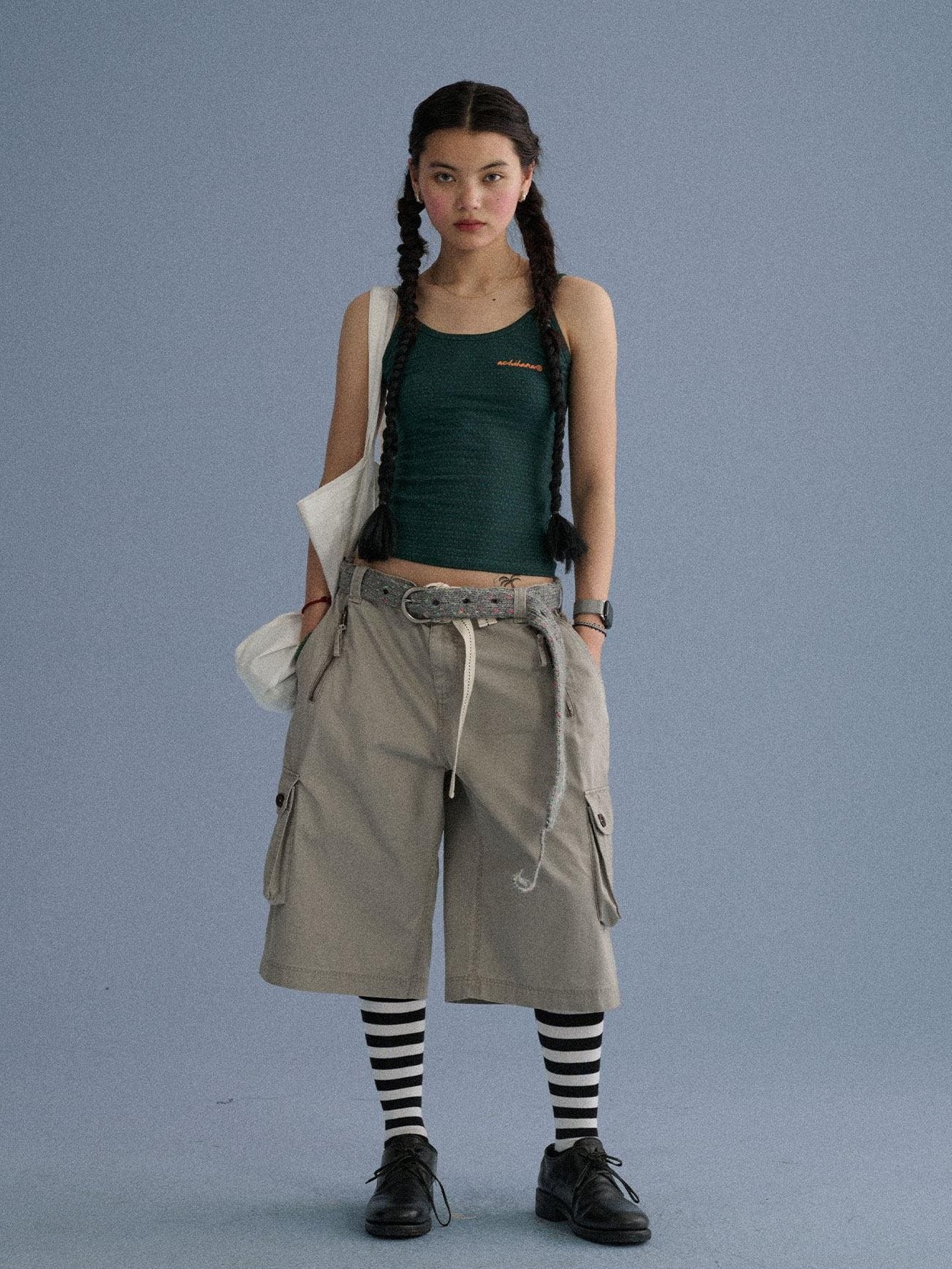 Achihara 100 Percent Cotton Pocket Commuter Natural Waist Girls Navy Grey Wide-Leg Pants