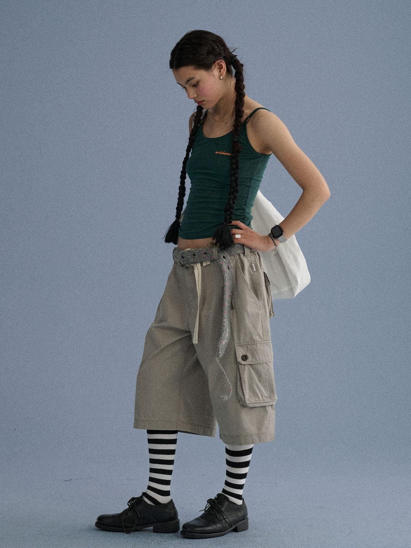 Achihara 100 Percent Cotton Pocket Commuter Natural Waist Girls Navy Grey Wide-Leg Pants