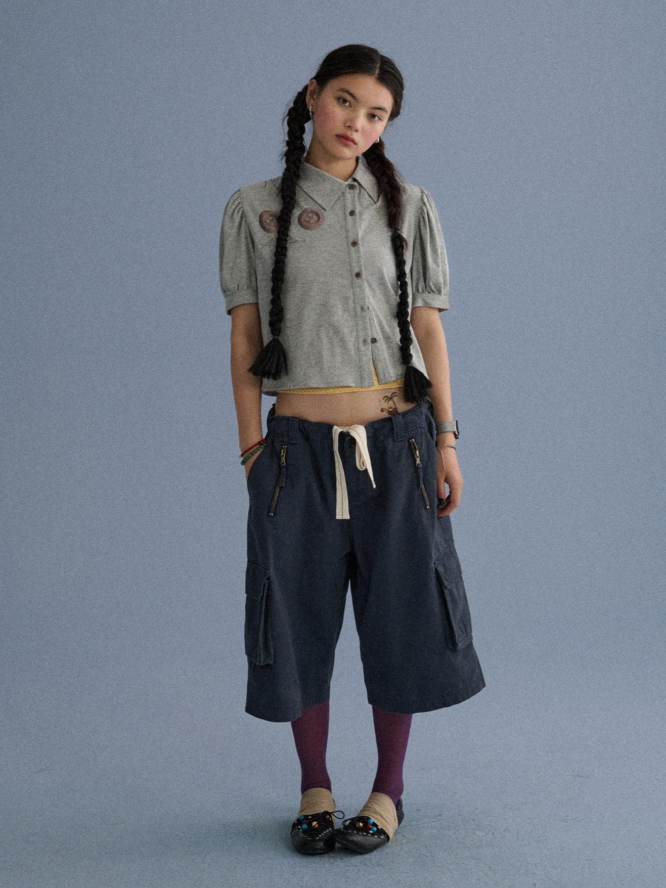Achihara 100 Percent Cotton Pocket Commuter Natural Waist Girls Navy Grey Wide-Leg Pants