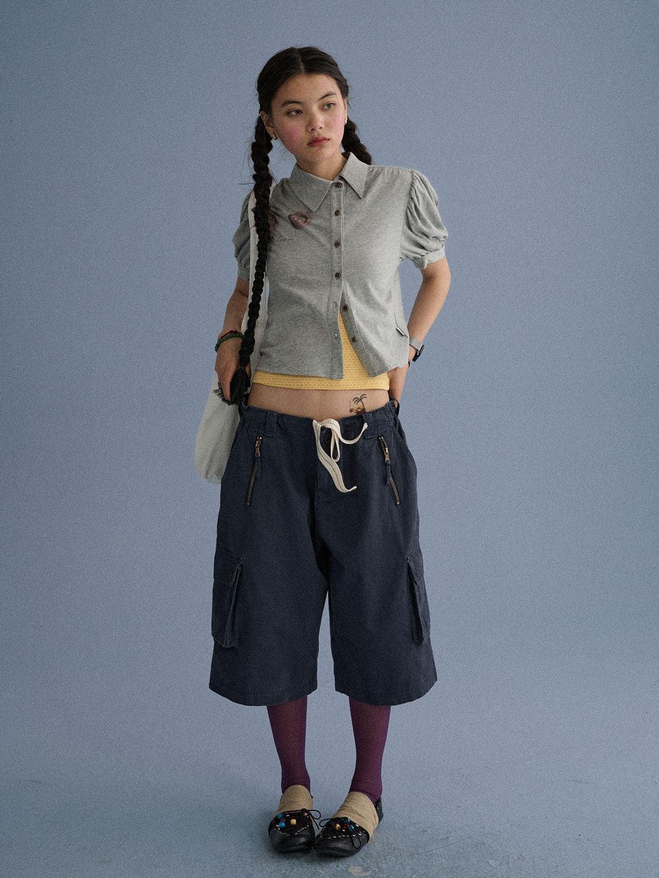 Achihara 100 Percent Cotton Pocket Commuter Natural Waist Girls Navy Grey Wide-Leg Pants