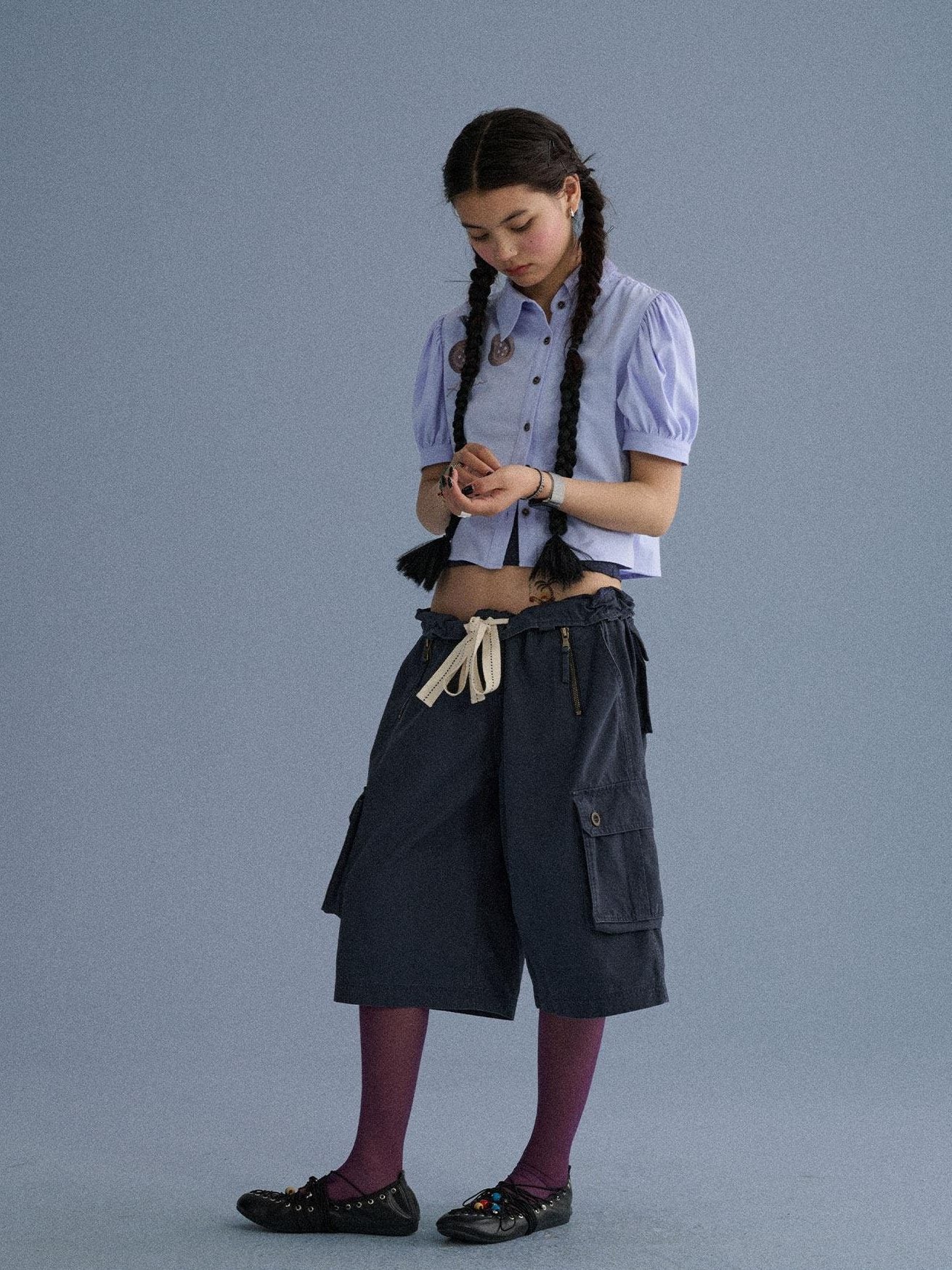 Achihara 100 Percent Cotton Pocket Commuter Natural Waist Girls Navy Grey Wide-Leg Pants