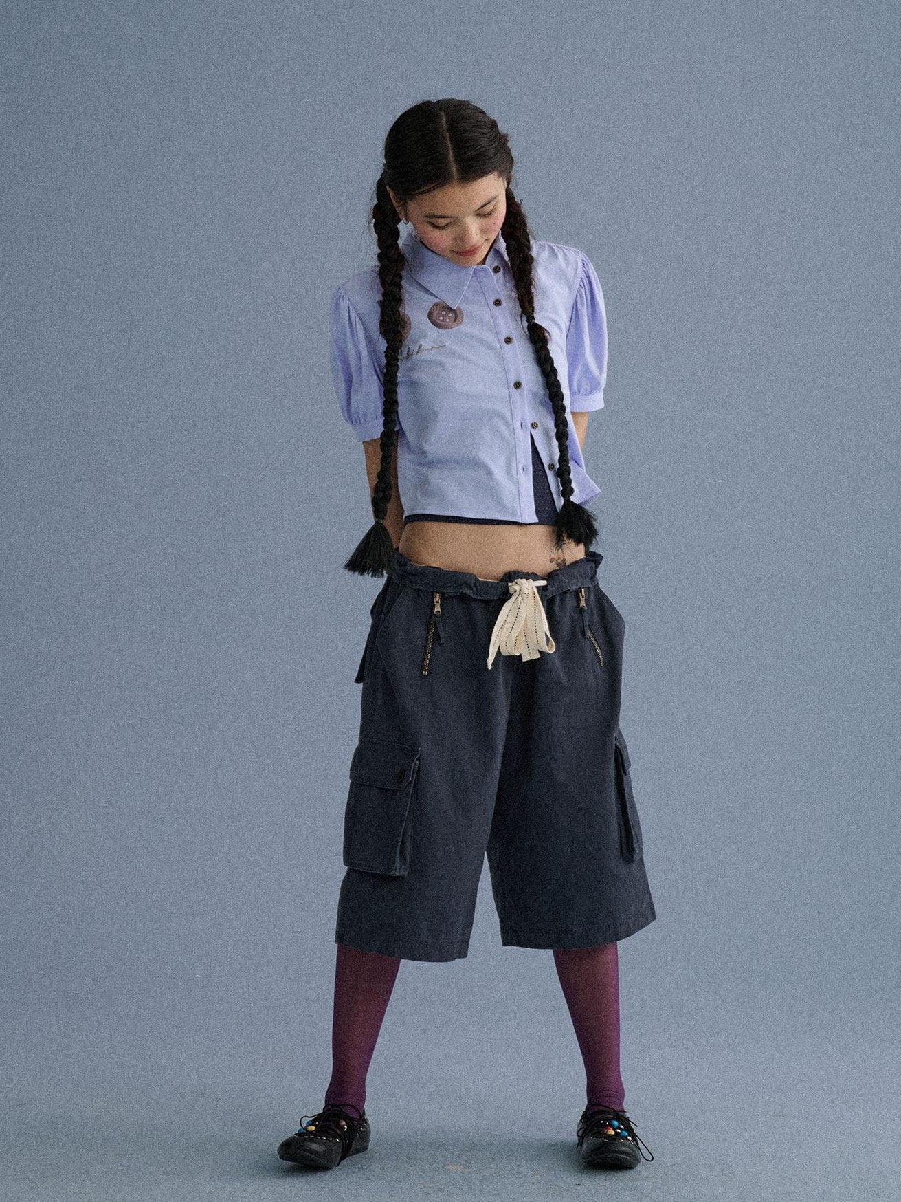 Achihara 100 Percent Cotton Pocket Commuter Natural Waist Girls Navy Grey Wide-Leg Pants
