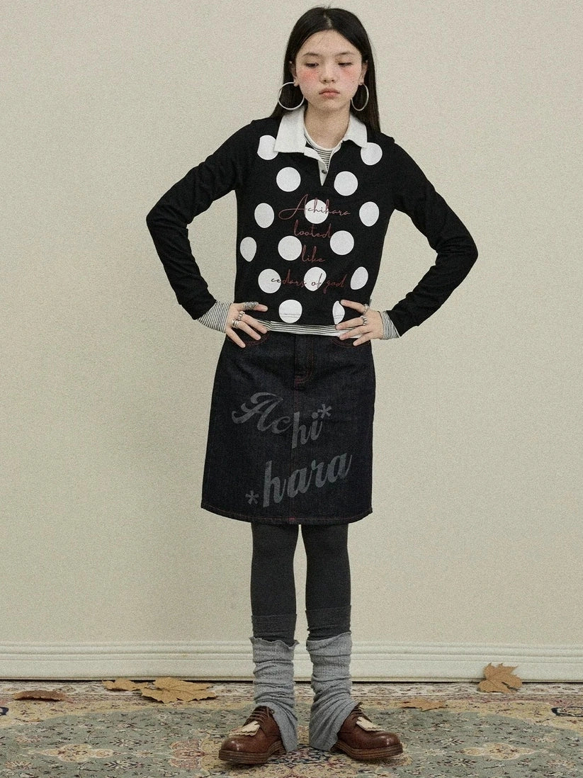 Achihara 100 Percent Cotton Polka Dot Long Sleeve Polo Collar Women Straight Fit T-Shirt