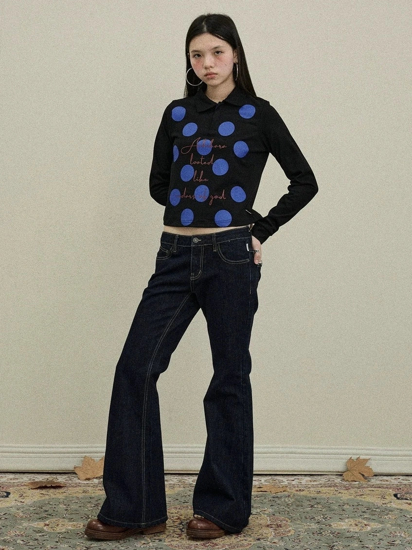 Achihara 100 Percent Cotton Polka Dot Long Sleeve Polo Collar Women Straight Fit T-Shirt