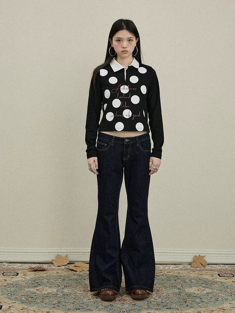 Achihara 100 Percent Cotton Polka Dot Long Sleeve Polo Collar Women Straight Fit T-Shirt-2