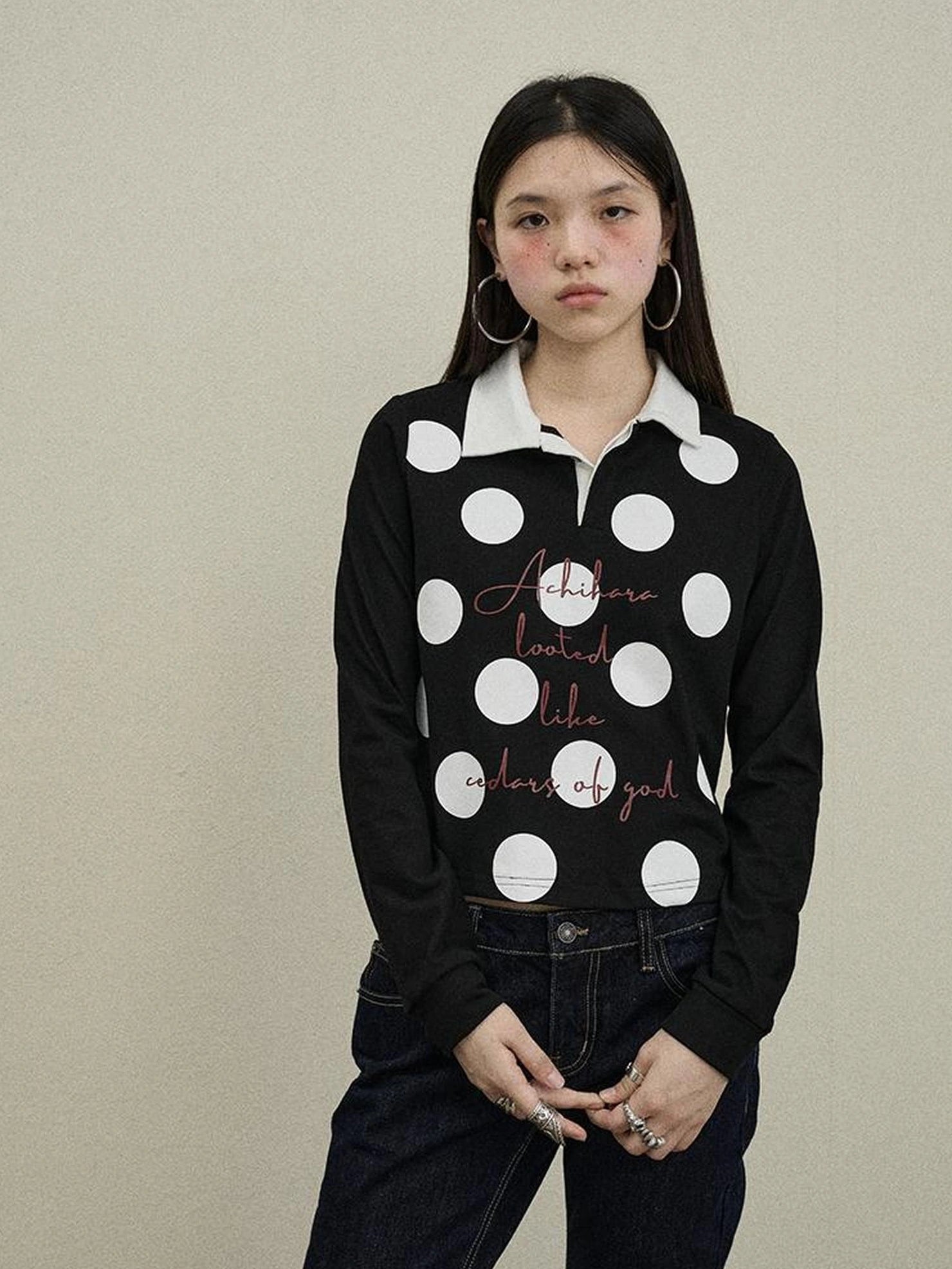 Achihara 100 Percent Cotton Polka Dot Long Sleeve Polo Collar Women Straight Fit T-Shirt