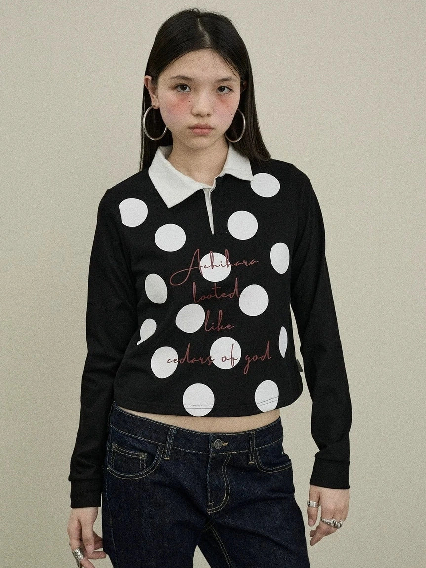 Achihara 100 Percent Cotton Polka Dot Long Sleeve Polo Collar Women Straight Fit T-Shirt