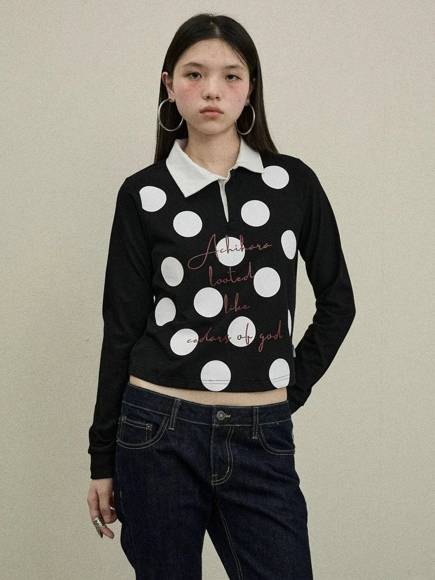 Achihara 100 Percent Cotton Polka Dot Long Sleeve Polo Collar Women Straight Fit T-Shirt