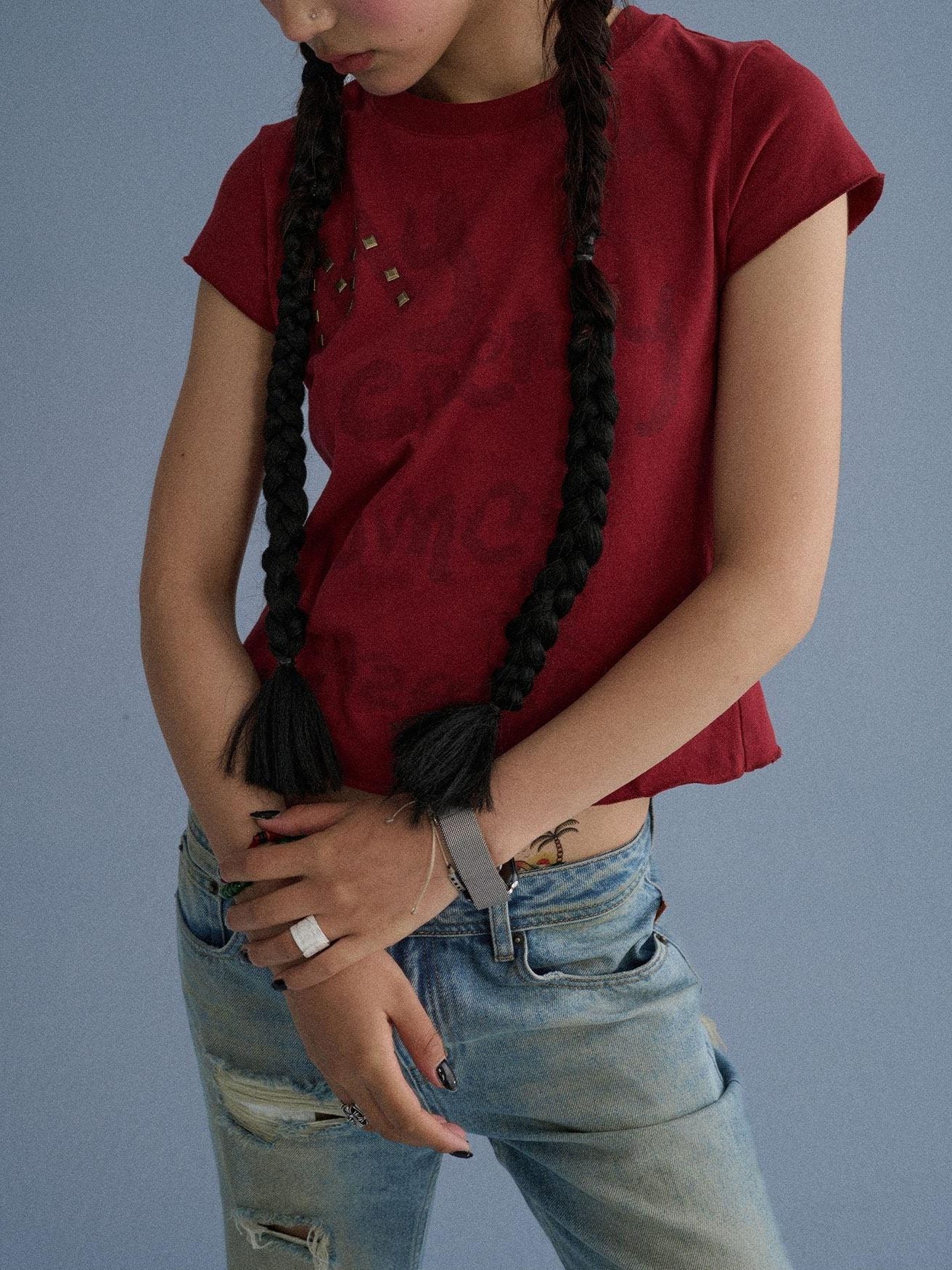 Achihara 100 Percent Cotton Slim Short Sleeve Roundneck Office Letter Print Tee Crop Tops