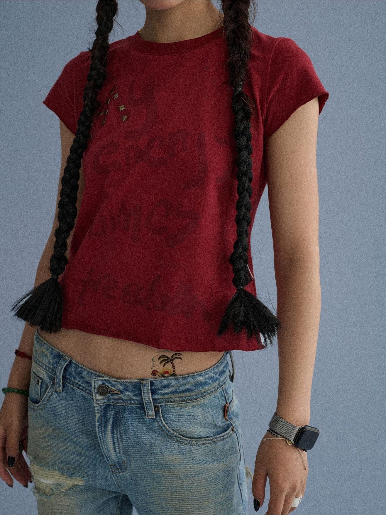 Achihara 100 Percent Cotton Slim Short Sleeve Roundneck Office Letter Print Tee Crop Tops