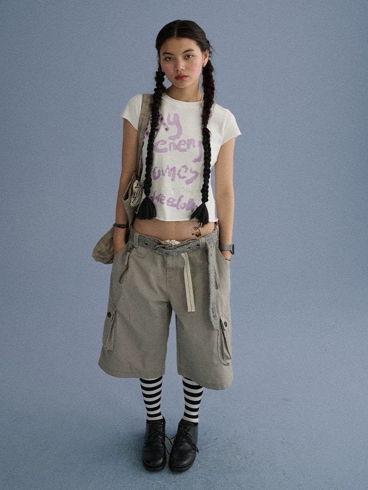 Achihara 100 Percent Cotton Slim Short Sleeve Roundneck Office Letter Print Tee Crop Tops-1