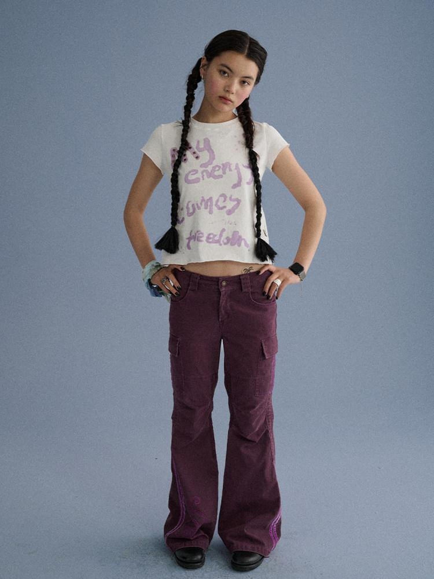 Achihara 100 Percent Cotton Slim Short Sleeve Roundneck Office Letter Print Tee Crop Tops
