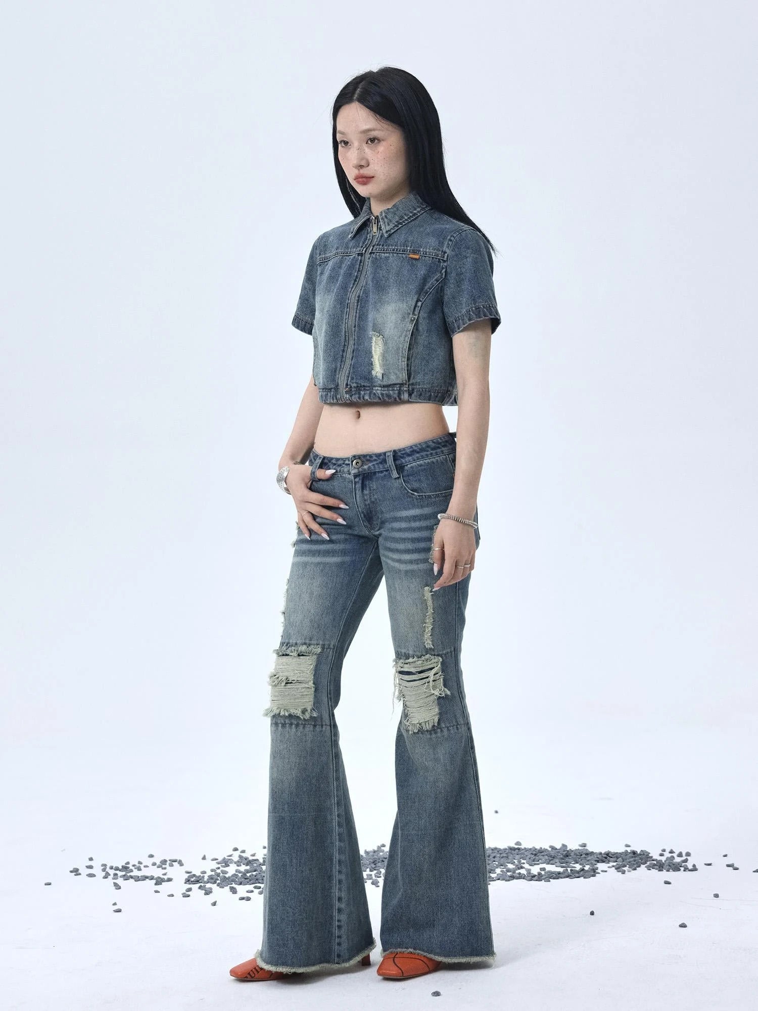 1988 Vintage Low Rise Flared Jeans With Distressed Details