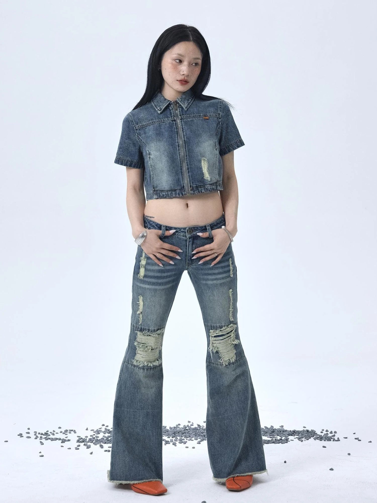 1988 Vintage Low Rise Flared Jeans With Distressed Details