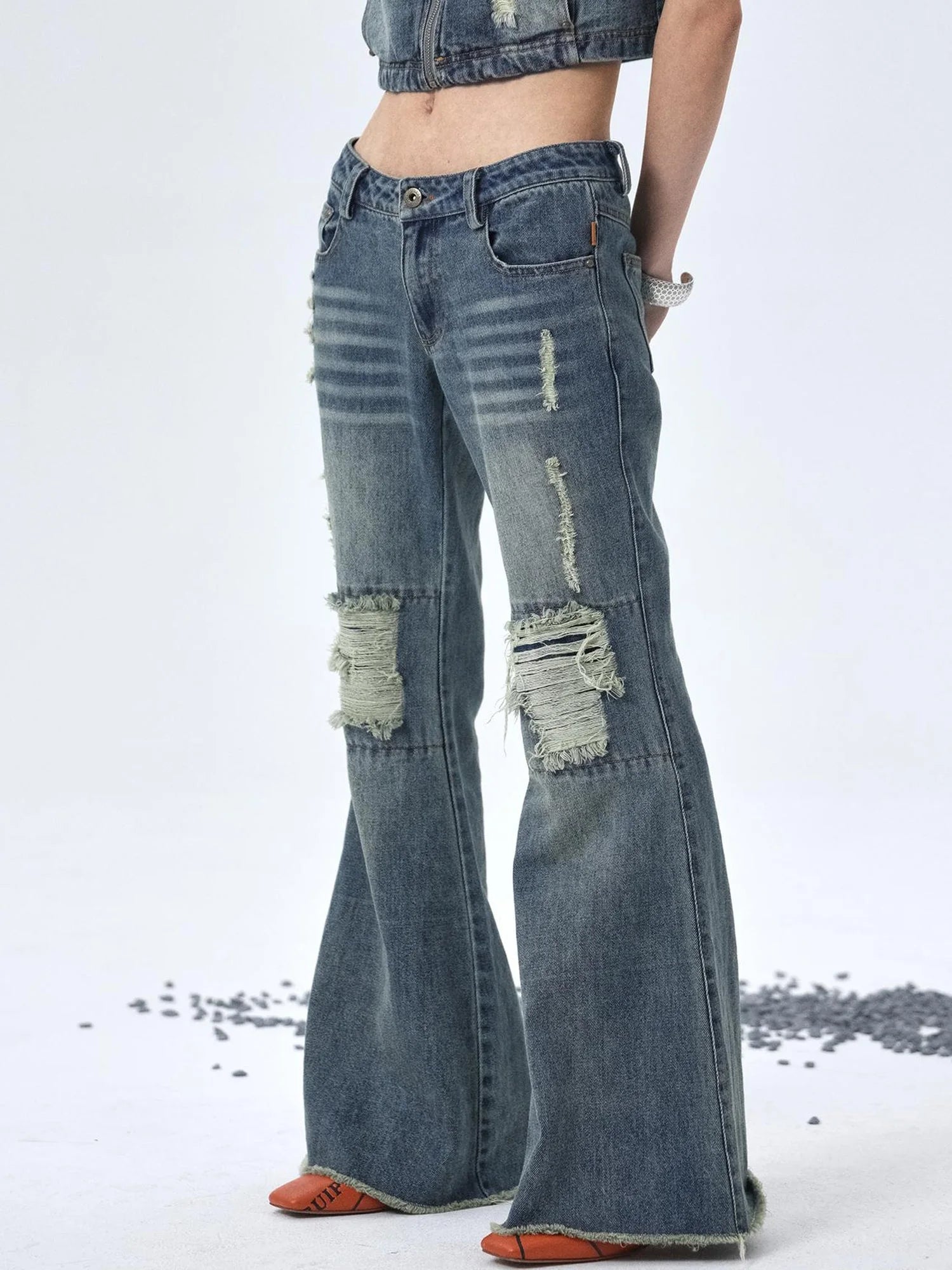 1988 Vintage Low Rise Flared Jeans With Distressed Details
