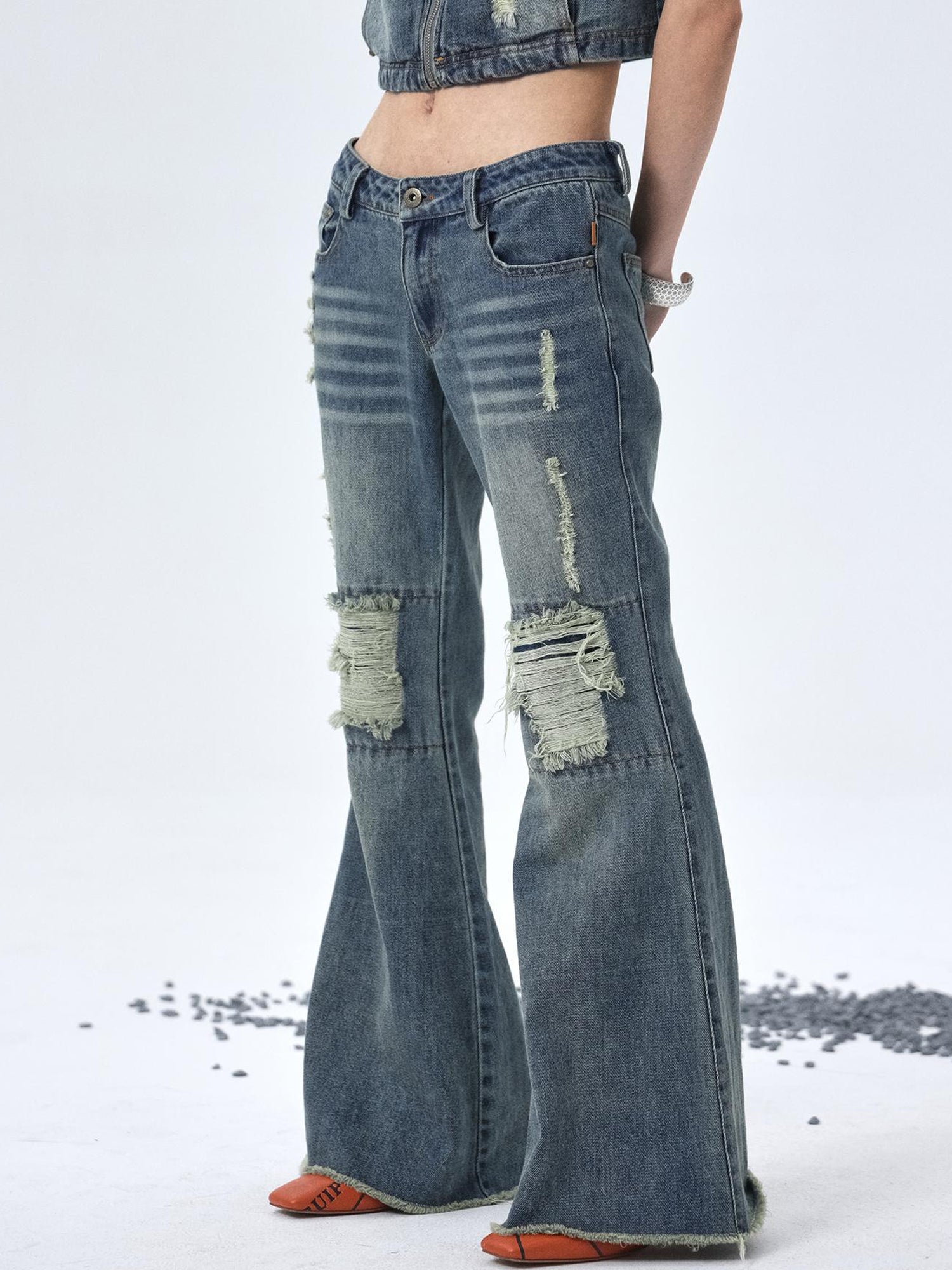 Achihara 1988 Vintage Low Rise Flared Jeans With Distressed Details