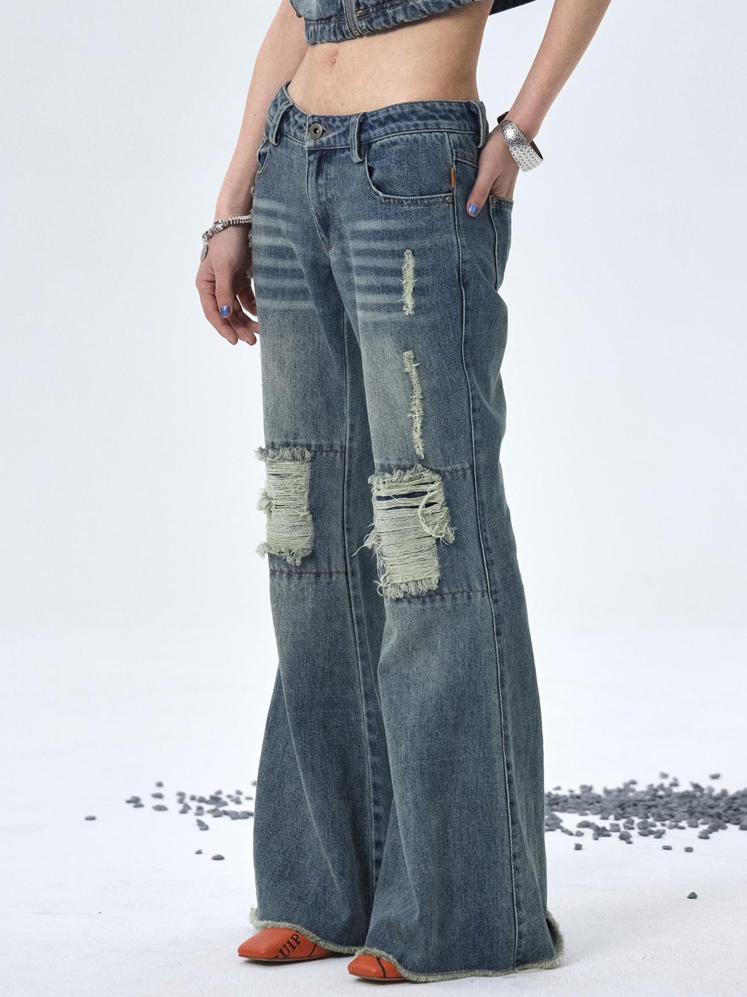 Achihara 1988 Vintage Low Rise Flared Jeans With Distressed Details