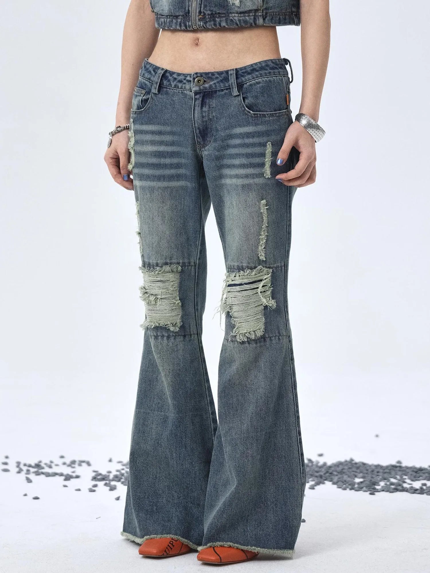 1988 Vintage Low Rise Flared Jeans With Distressed Details
