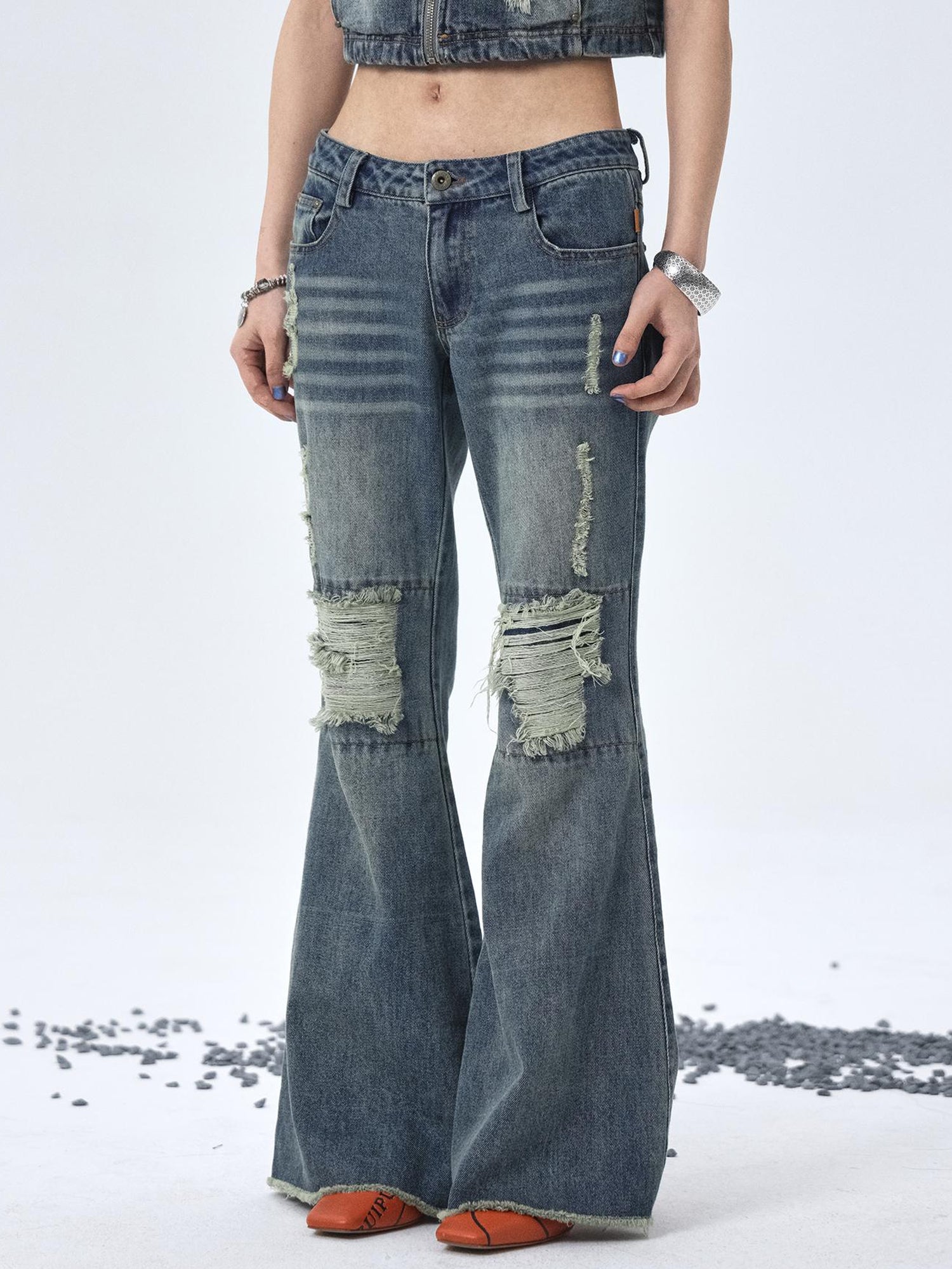 Achihara 1988 Vintage Low Rise Flared Jeans With Distressed Details