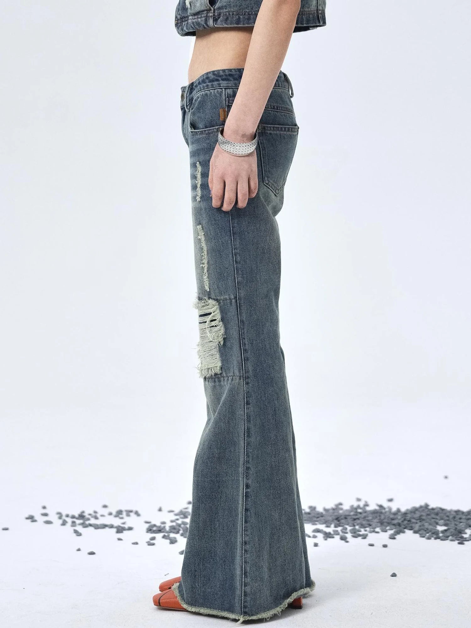 1988 Vintage Low Rise Flared Jeans With Distressed Details